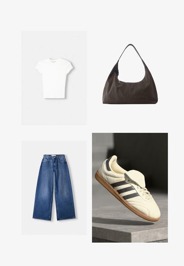 Hvid kortærmet t-shirt lavet af blød bomuld, med rund halsudskæring og en tætsiddende form. Ingen synlige mønstre eller udsmykninger.; Bredbenet blå denimjeans med forlommer, bæltestropper og knaplukning, lagt fladt på en lys baggrund.; Cremefarvede lædersneakers med tre mørke striber, en brun gummisål og en afrundet tå. Har en foldbar tunge mærket "SAMBA."; Blød mørkebrun læder hobo-taske med enkelt bred rem og subtil central sømdetalje mod hvid baggrund.