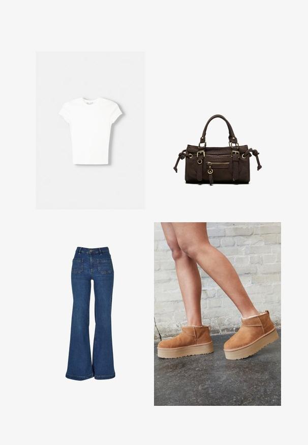 T-shirt blanc à manches courtes en coton doux, avec un col rond et une coupe ajustée. Pas de motifs ni d'ornements visibles.; Jean en denim bleu taille haute avec jambes évasées larges, poches plaquées à l'avant, passants de ceinture et fermeture par bouton.; Bottines en suède marron avec une doublure en peluche, semelle épaisse en beige et une poignée à l'arrière. Surface texturée avec des détails de couture visibles.; Sac à main en cuir marron foncé avec double poignée, poche avant zippée, boucles décoratives et nœuds latéraux sur fond blanc.