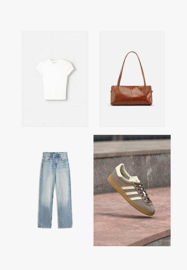 Witte t-shirt met korte mouwen van zachte katoen, met een ronde halslijn en een getailleerde vorm. Geen zichtbare patronen of versieringen.; Lichtblauwe denim jeans, hoog in de taille, met een recht model. Bevat klassieke vijf-pocket styling en subtiele vervaging aan de voorkant.; Lichtbruine suède Adidas sneaker met witte strepen en een rubberen zool, hangend boven roze stenen traptreden buiten.; Rechthoekige bruine leren handtas met twee lange schouderriemen, een gladde glanzende afwerking en een minimalistisch ontwerp op een effen achtergrond.