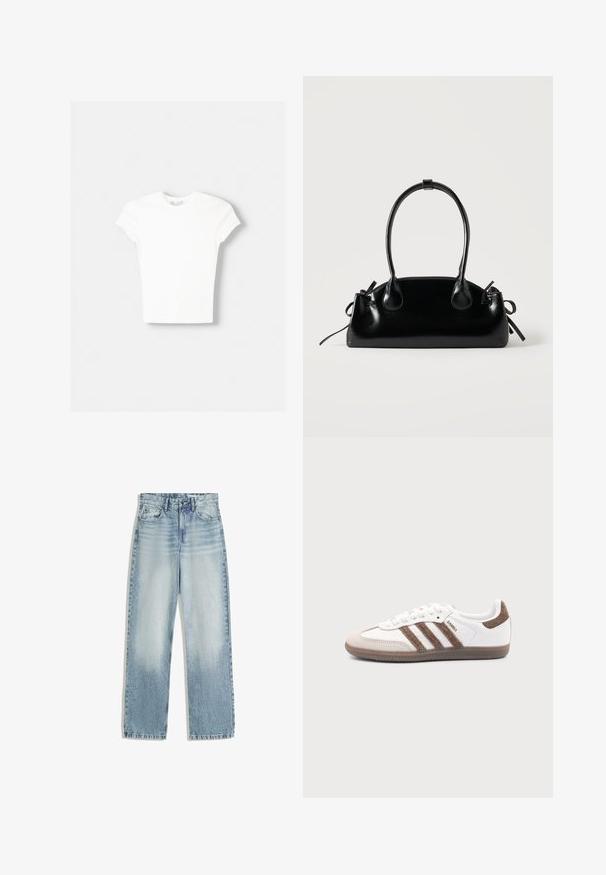 T-shirt blanc à manches courtes en coton doux, avec un col rond et une coupe ajustée. Pas de motifs ni d'ornements visibles.; Jeans en denim bleu clair, taille haute, avec une coupe droite. Comprend un style classique à cinq poches et une décoloration subtile sur l'avant.; Baskets Adidas Samba blanches avec des bandes en daim marron, semelle en caoutchouc marron et bout en daim beige, vues du côté extérieur sur un fond uni.; Petit sac à main noir brillant avec deux longues anses et des détails à cordon sur les côtés sur un fond clair uni.