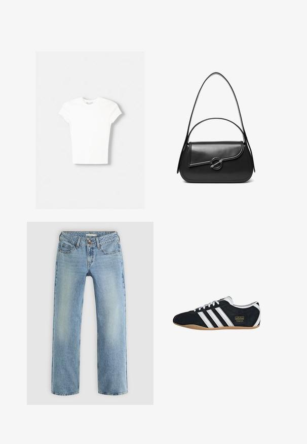 Witte t-shirt met korte mouwen van zachte katoen, met een ronde halslijn en een getailleerde vorm. Geen zichtbare patronen of versieringen.; Lichtblauwe rechte jeans van denim, met een knoopsluiting, vijf zakken en subtiele vervaging langs de benen.; Zwarte suède sneaker met witte drie strepen, gouden logo en een bruine rubberen zool. Heeft een laag profiel vetersluiting ontwerp.; Zwarte leren schoudertas met een gebogen klep die is bevestigd met een ronde metalen sluiting en een smalle, verstelbare band.