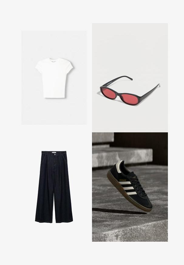 Weißes kurzärmliges T-Shirt aus weicher Baumwolle, mit Rundhalsausschnitt und figurbetonter Form. Keine sichtbaren Muster oder Verzierungen.; Dunkelblaue, weite High-Waist-Hosen aus Denim mit einem Knopfverschluss vorne, zwei Seitentaschen und Nähdetails.; Schwarzer Adidas-Sneaker mit weißen Streifen und Gummisohle schwebt über grauen Betonstufen im natürlichen Licht.; Schwarze ovale Sonnenbrille mit schlanken Bügeln und rot getönten Gläsern, die auf einer weißen Oberfläche liegt.