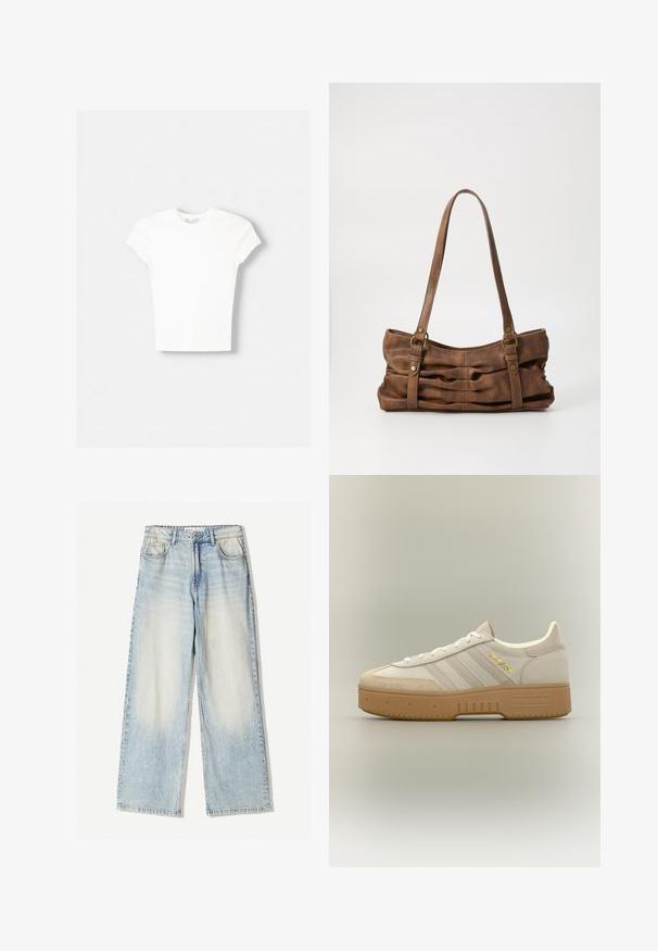 Witte t-shirt met korte mouwen van zachte katoen, met een ronde halslijn en een getailleerde vorm. Geen zichtbare patronen of versieringen.; Lichtblauwe denim broek met een wijde pijp, featuring vijf zakken, subtiele vervaging en zichtbare stiksels langs de naden.; Crèmekleurige en beige Adidas-sneaker met gumzool, drie strepen aan de zijkant en "SPECIAL" in goud geschreven bij de veters.; Even&Odd Handtas - brown