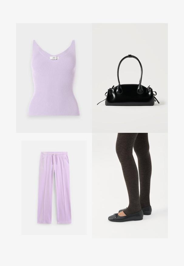 Lilla ribbet ærmeløs top med V-udskæring og en tætsiddende pasform. Materialet ser blødt ud med vertikale teksturdetaljer. Brandmærket er synligt.; Lyse lilla sweatpants med lige ben, elastisk talje, justerbare snore og lynlåslommer i siderne.; Ben iført mørke ribbede leggings kombineret med sorte balletsko med små sløjfedetaljer på hvid baggrund.; Lille sort blank håndtaske med to lange håndtag og snøre-detaljer i siden på en ensfarvet lys baggrund.