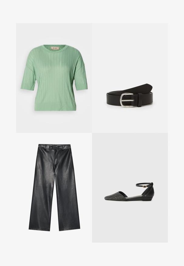 Suéter de manga corta verde menta con textura acanalada, cuello redondo y un ajuste ligeramente holgado. Presenta un pequeño logo en el lateral.; Pantalones de cuero negro de pernera ancha con una textura suave, lazos para cinturón y cremallera frontal. Presenta un ajuste holgado y detalles de costura limpios.; Bailarinas negras con punta afilada, que cuentan con una parte superior de tejido texturizado y una correa de cuero en el tobillo con un hebilla dorada. Diseño de tacón bajo.; Cinturón de cuero negro con una textura suave, que presenta una hebilla de metal plateada y un extremo estrechado. Diseño simple y clásico.