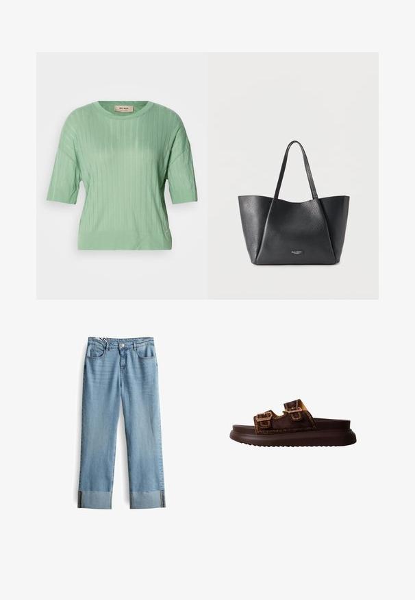 Mintgroene trui met korte mouwen, ribstructuur, ronde halslijn en een iets losse pasvorm. Heeft een klein logoaccent aan de zijkant.; Lichtblauwe spijkerbroek met een rechtotige snit, voorzien van een knoopsluiting, vijf zakken en wijde omgeslagen benen.; Bruine slide sandaal met twee verstelbare gespsluitingen en decoratieve studs op het bovenwerk en dikke platte zool.; Zwarte leren boodschappentas met textuur, twee handvatten en een klein zilveren Marc O'Polo-logo in het midden aan de voorkant.