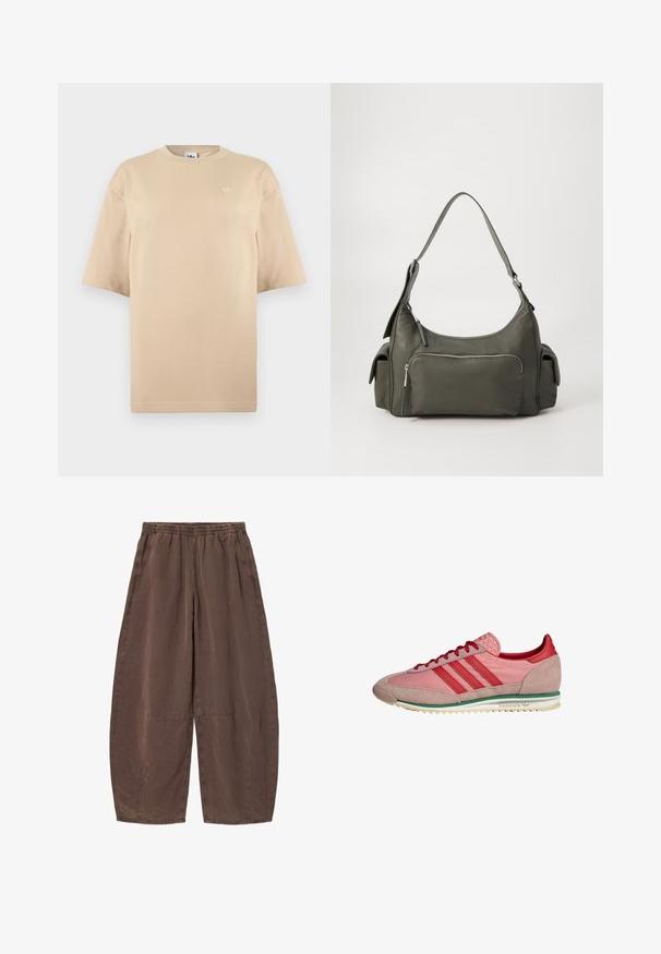 Beiges übergroßes T-Shirt mit kurzen Ärmeln, Rundhalsausschnitt und kleinem weißen Adidas-Trefoil-Logo auf der oberen linken Brust.; Locker sitzende braune Hose mit elastischem Bund und Seitentaschen, mit abgesteppten Kniedetails und weitem Bein.; Pink-rote Adidas-Sneaker mit Wildleder an Zehen- und Fersenpartie, roten Schnürsenkeln, grünem Streifen über der weißen Sohle, seitlich betrachtet.; Grüne Leder-Umhängetasche mit geschwungenem Design, Reißverschlussfach auf der Vorderseite und zusätzlichen Seitenfächern. Glatte Textur und minimale Metallteile.