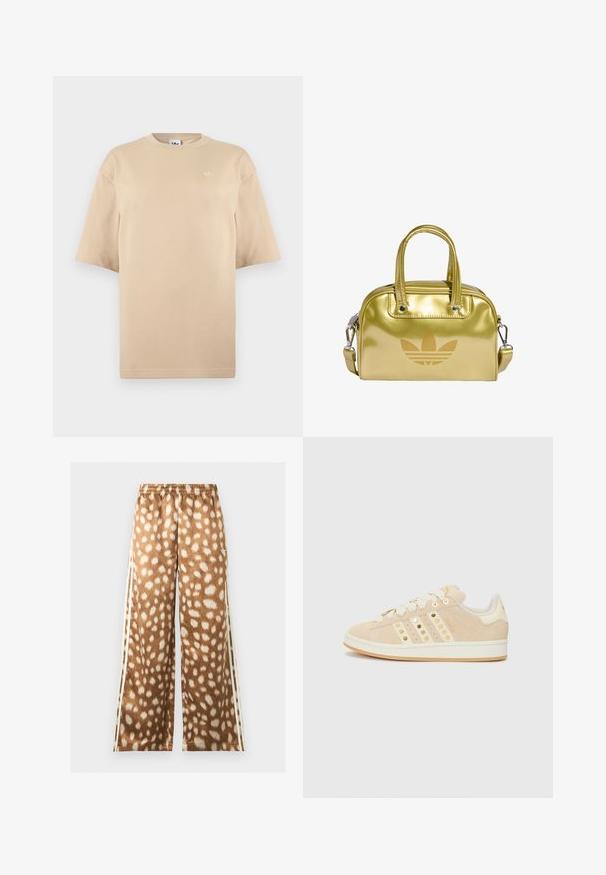 Béžové oversized tričko s krátkym rukávom, okrúhlym výstrihom a malým bielym logom Adidas trefoil na hornej ľavej strane hrudníka.; Široké nohavice so jelením potlačou v béžovej a bielej farbe, elastickým pásom a bielymi bočnými pruhmi.; adidas Originals CAMPUS 00S W - Tenisky - sand strata/cream white/gold-coloured; Zlatá metalická kabelka s dvojitými hornými uchami, zipsom na uzatváranie a odnímateľným ramenným popruhom. Obsahuje embosované logo na prednej strane a hladký povrch.