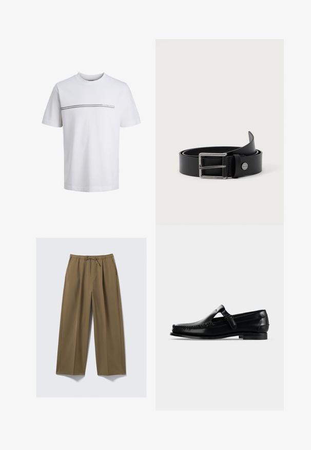T-shirt blanc à manches courtes avec col rond, décoré de deux fines rayures horizontales grises et du petit texte "Jack & Jones" sur la poitrine.; Pantalons larges en vert olive, en tissu doux avec une taille élastique et un cordon de serrage ajustable. Comprend deux poches latérales.; Mocassin homme en cuir noir avec surpiqûres moc toe et bride réglable sur le cou-de-pied, présenté en profil latéral sur fond clair.; Ceinture en cuir noir avec une boucle rectangulaire en argent et un détail de logo en relief. Design plat avec une texture lisse et une finition classique.