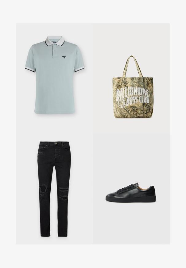Lichtblauw polohemd met korte mouwen, witte kraag en mouwboorden, zwarte bies, twee knopen en Barbour-logo op de linkerborst.; Zwarte denim jeans met een slim fit, voorzien van versleten scheuren bij de knieën, tonale stiksels en een klassieke knoop- en ritsluiting.; Zwarte leren sneaker met een gladde textuur, ronde neus en vetersluiting. Heeft een dikke rubberen zool en minimale merkaanpassing.; Shopper met camouflagepatroon gemaakt van gestructureerde stof met twee handvatten. Voorzien van een opvallend wit logo aan één kant.
