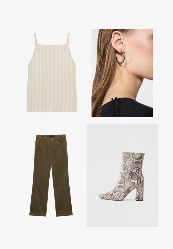 Camisole beige clair avec un motif à rayures verticales, fines bretelles réglables et coupe décontractée. Texture lisse avec un léger éclat.; Pantalons en velours côtelé vert olive évasés avec cinq poches, coutures visibles et fermeture à bouton à la taille pour un maintien sûr.; Bota haute cheville avec un talon épais dans un motif en serpentine beige et gris, présentée sur un fond clair uni.; Boucle d'oreille en argent avec une finition polie, présentant de petits détails en or et de forme ronde, portée sur le lobe.