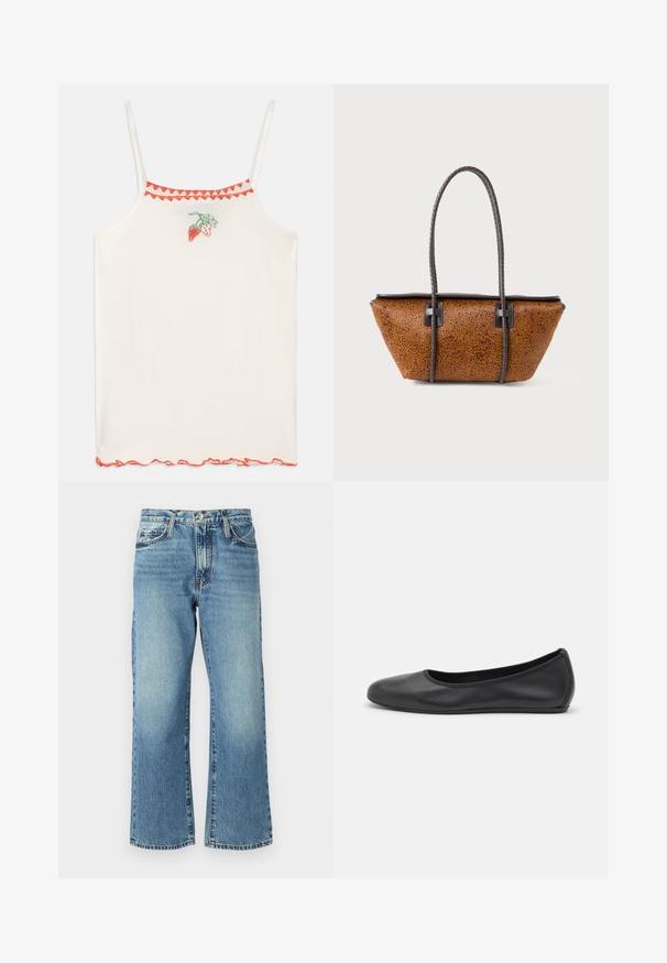 Hvid top med tynde stropper, dekoreret med røde broderede jordbær og en bølget rød kant langs halsudskæringen og kanten.; Lysblå denimjeans med vid buksedesign, fem lommer og knaplukning. Stoffet har en subtil blegning og en klassisk tekstur.; Sort læderballetsko med rund tå, glat tekstur, minimal syning og et fleksibelt såldesign.; Brun struktureret læderhåndtaske med trapezform og lange, fletsede mørkebrune håndtag på en hvid baggrund.