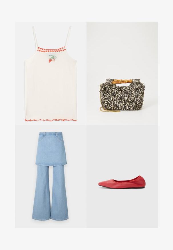 Witte camisole met dunne bandjes, versierd met rode geborduurde aardbeien en een gegolfde rode rand langs de halslijn en de zoom.; Denim rok-broek hybride, met lichtblauwe stof, uitlopende pijpen en zichtbare stikdetails. Ontworpen met voorzakken en een tailleband.; Filippa K REY FLATS - Ballerina's - bright red; Geweven tas met een gestructureerd zwart-en-crème patroon, bamboe handvat en een afneembare gouden kettingriem. Compacte rechthoekige vorm.