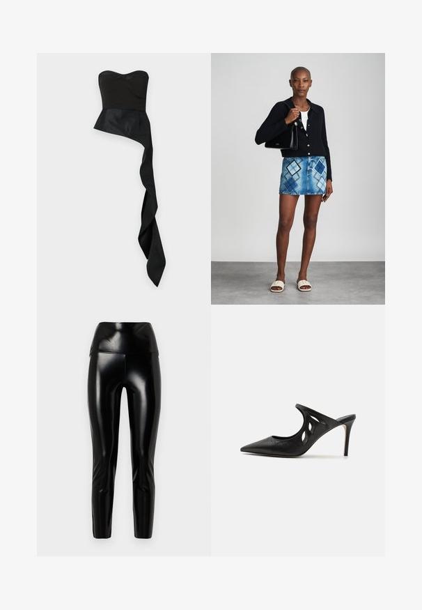 Sort strapless top med en tætsiddende liv, en flagrende nederste del og en lang, draperet, asymmetrisk søm. Glat, mat tekstur igennem.; Sorte faux læder leggings med høj talje, glat tekstur, tætsiddende ben og en blank finish. Ingen synlige sømme eller udsmykninger.; Sorte læder højhælede mules med spids tå, udskåret sideskærm og glat tekstur. Stiletthæl og subtil syning.; Sort striktrøje, hvid top, denimnederdel med blå og sort diamantmønster, sort håndtaske og beige slidesandaler.