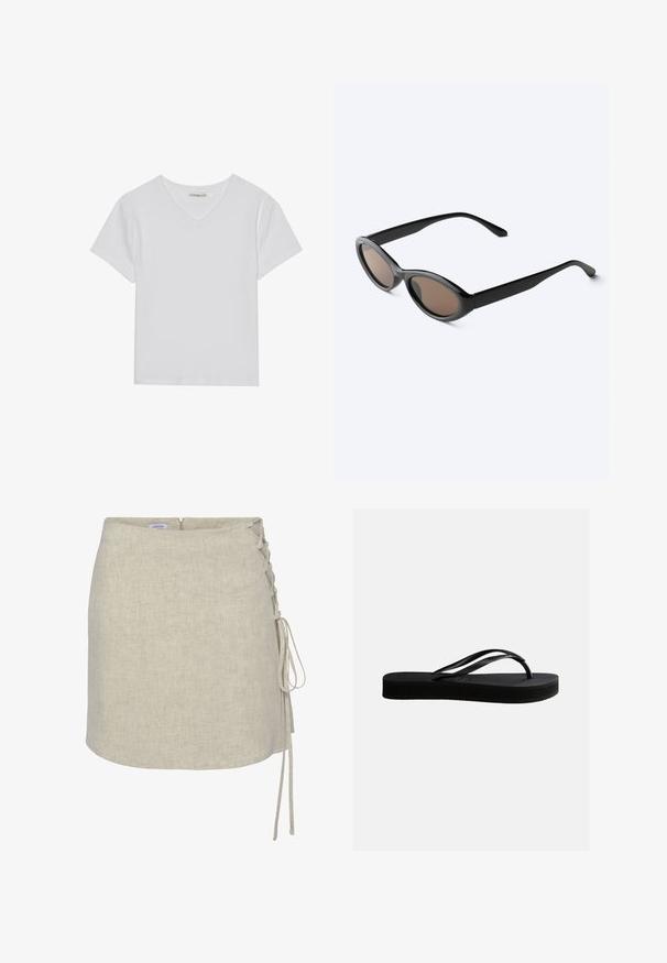 Witte T-shirt met korte mouwen en V-hals, gemaakt van ribbelstof. Heeft een strakke ontwerp met een rechte zoom en minimale details.; Beige linnen wikkelrok met een lacing-detail aan de linkerzijde, een rechte snit en een ritssluiting aan de achterkant. Soepele, gestructureerde stof.; Zwarte rubberen teenslipper met gestructureerd zool en Y-vormige band, zijaanzicht op een effen lichte achtergrond.; Zwarte zonnebril met ovale montuur en donker getinte glazen, licht schuin getoond op een wit oppervlak.