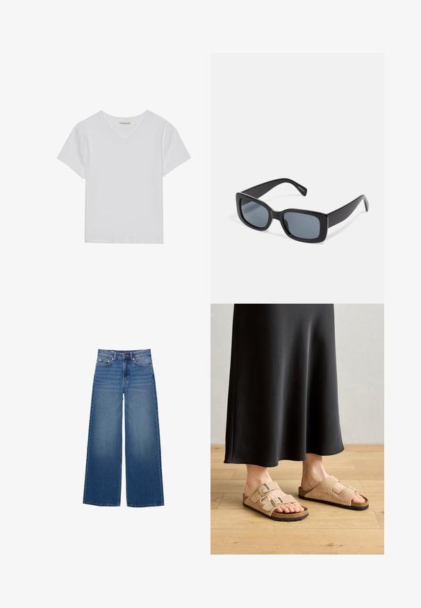 Witte T-shirt met korte mouwen en V-hals, gemaakt van ribbelstof. Heeft een strakke ontwerp met een rechte zoom en minimale details.; Wide-leg spijkerbroeken in een medium blauwe wassing, met een hoge taille, ontwerp met vijf zakken en gestikte details langs de naden.; Lichtbruine suède sandalen met twee verstelbare gespbandjes, kurken voetbed en rubberen zool, gecombineerd met een zwarte maxi-jurk.; Zwarte rechthoekige zonnebril met donkere getinte lenzen, een dik plastic montuur en brede scharnieren. Glad oppervlak en hoekig ontwerp.
