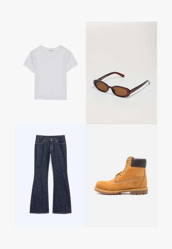 Witte T-shirt met korte mouwen en V-hals, gemaakt van ribbelstof. Heeft een strakke ontwerp met een rechte zoom en minimale details.; Donkerblauwe denim jeans met een lichte uitlopende pijp onderaan, met voorzakken, een knoop en zichtbare stiksel details.; Bruine leren enkelboot met zwarte voering, gouden oogjes en een gestructureerde zool. Kenmerkt zich door een cirkelvormig logo aan de zijkant en stikselaccenten.; Ronde, bruin getinte zonnebril met een glanzend bordeauxrood frame. Slanke pootjes met subtiele merkdetails. Vlakke lensontwerp.