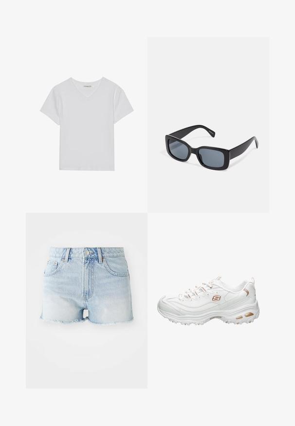 Camiseta blanca de manga corta y cuello en V, hecha de tela acanalada. Presenta un diseño limpio con un dobladillo recto y un detalle mínimo.; Shorts de mezclilla en azul claro, con una cintura alta, dobladillo deshilachado, bolsillos delanteros y traseros, y botón en tono cobre.; Zapatilla deportiva blanca hecha de material sintético suave. Presenta detalles texturizados, adornos metálicos dorados, diseño con cordones y una suela acolchada.; Gafas de sol rectangulares negras con lentes oscuros, montura de plástico grueso y patillas anchas. Superficie lisa y diseño anguloso.
