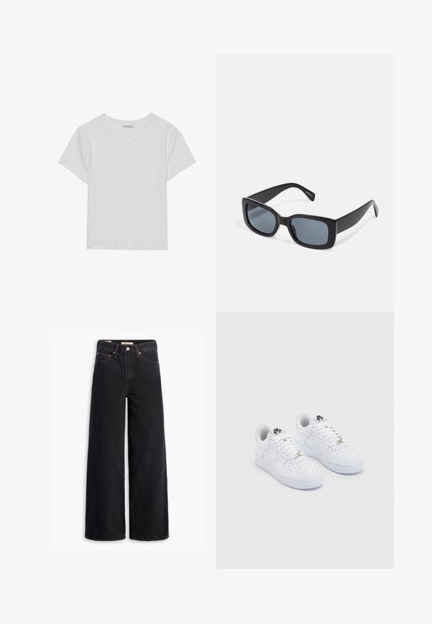Witte T-shirt met korte mouwen en V-hals, gemaakt van ribbelstof. Heeft een strakke ontwerp met een rechte zoom en minimale details.; Zwarte brede jeans gemaakt van denim, met vijf zakken, koperen klinknagels en een klassieke knoopsluiting. Glad van textuur met een strakke uitstraling.; Witte Nike Air Force 1 sneakers met een glad leren bovenwerk, geperforeerde teenbox, witte veters en zwarte branding op de tong.; Zwarte rechthoekige zonnebril met donkere getinte lenzen, een dik plastic montuur en brede scharnieren. Glad oppervlak en hoekig ontwerp.