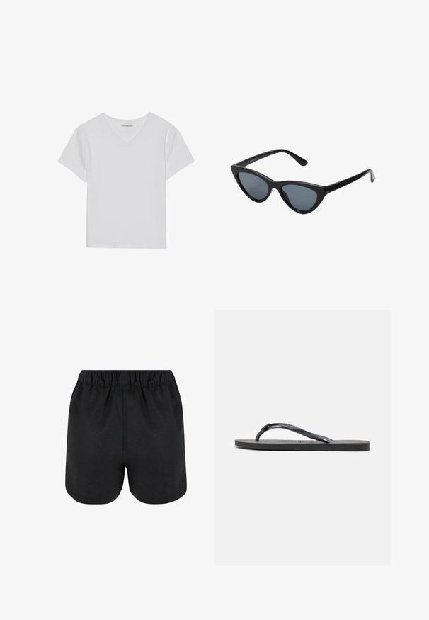 Hvid kortærmet V-hals t-shirt lavet af ribbet stof. Har et rent design med en lige kant og minimal detaljer.; Sorte shorts med elastisk talje. Blødt stof, enkelt design og let afrundet kant nederst. Ingen synlige mønstre eller logoer.; Sort gummiflipsandal med tekstureret sål og Y-formet rem, vist fra siden på en hvid baggrund.; Sorte katteøje solbriller med mørkegrå linser, slankt plastisk stel, spidse hjørner og lige stænger. Ingen synlig hardware eller dekorationer.