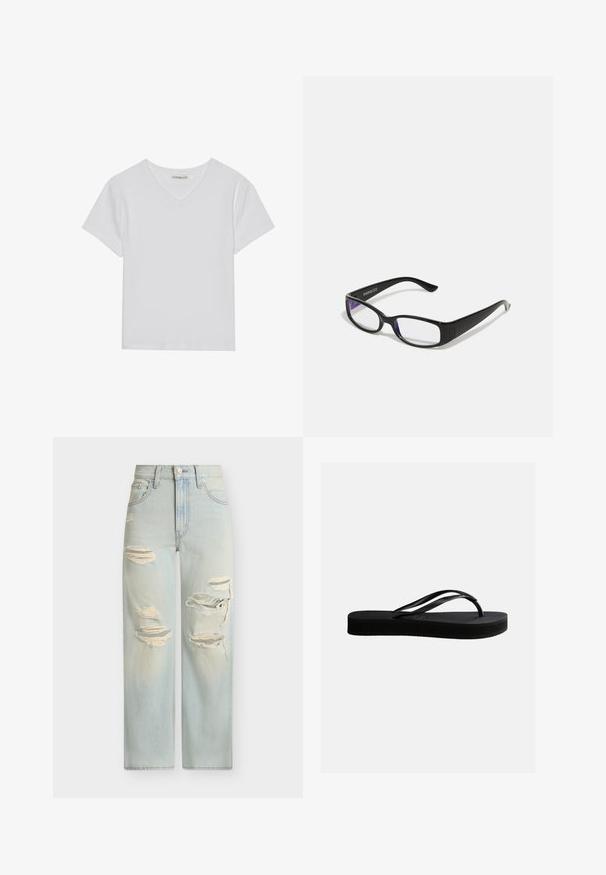 Camiseta blanca de manga corta y cuello en V, hecha de tela acanalada. Presenta un diseño limpio con un dobladillo recto y un detalle mínimo.; Jeans de mezclilla azul claro de tiro alto con piernas rectas y múltiples grandes desgarros desgastados en ambos muslos y rodillas.; Chancla negra de goma con suela texturizada y correa en forma de Y, mostrada en vista lateral sobre un fondo liso y claro.; Gafas rectangulares negras con lentes transparentes. Acabado brillante, varillas estrechas y tinte púrpura visible en los bordes de los lentes.