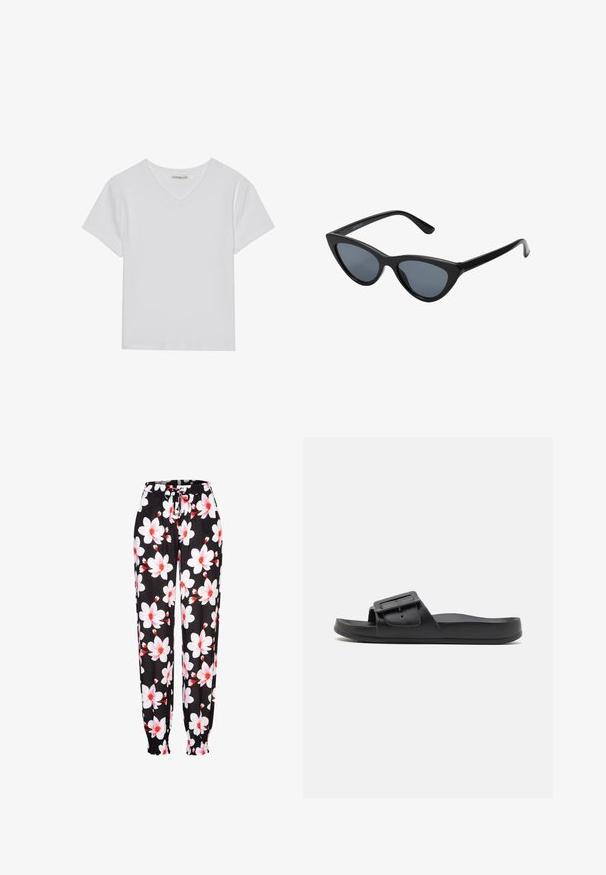 T-shirt blanc à manches courtes en V, en tissu côtelé. Présente un design épuré avec un ourlet droit et un minimum de détails.; Pantalons en tissu noir avec un motif floral blanc et rouge, taille élastique avec cordon de serrage, et poignets froncés. Matière légère.; Sandale noire à semelle plate avec une large sangle, boucle ajustable et texture mate lisse. Design simple sans motifs supplémentaires.; Lunettes de soleil noires en forme d'œil de chat avec des verres gris foncé, monture en plastique élégante, coins pointus et branches droites. Pas de métal visible ni d'accents.
