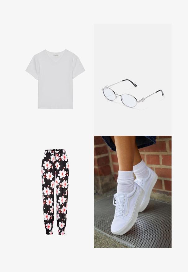 Camiseta blanca de manga corta y cuello en V, hecha de tela acanalada. Presenta un diseño limpio con un dobladillo recto y un detalle mínimo.; Pantalones de tela negra con patrón floral en blanco y rojo, con cintura elástica y cordón ajustable, y puños fruncidos. Material ligero.; Zapatillas de lona blancas con suelas de goma, que presentan seis ojales, puntera redonda y detalles de costura ligera, combinadas con calcetines blancos hasta el tobillo.; Gafas ovaladas de metal plateado con lentes transparentes, que cuentan con acentos decorativos en los laterales y puntas negras en las patillas para mayor agarre y comodidad.