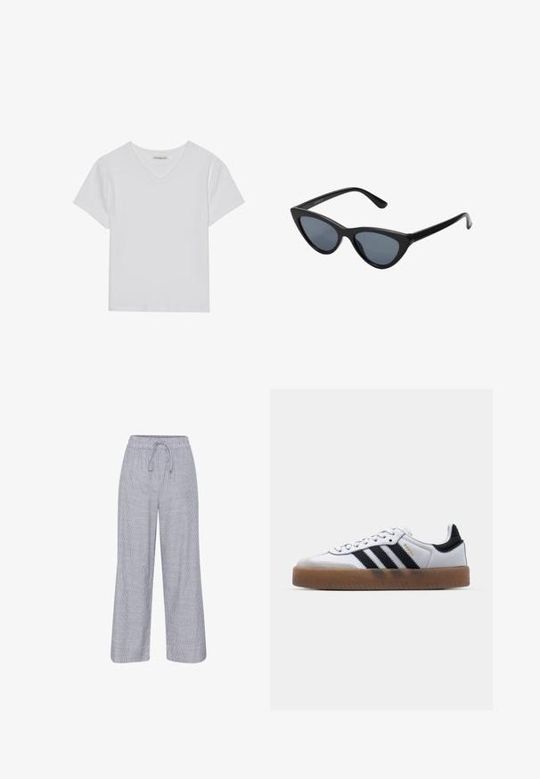 Weißes kurzärmliges V-Ausschnitt-T-Shirt aus Rippstoff. Es zeichnet sich durch ein sauberes Design mit geradem Saum und minimalen Details aus.; Grau-weiße gestreifte, weit geschnittene Hose mit elastischem Bund und Kordelzug. Leichtes Material mit lässiger Passform.; Weiße Leder Sneakers mit schwarzen Streifen, Gummigummi-Außensohle, runder Zehenform, Schnürverschluss und weichem grauem Wildleder-Zehenkappe.; Schwarze Cat-Eye-Sonnenbrille mit dunkelgrauen Gläsern, schlankem Kunststoffrahmen, spitzen Ecken und geraden Bügeln. Keine sichtbaren Befestigungen oder Akzente.