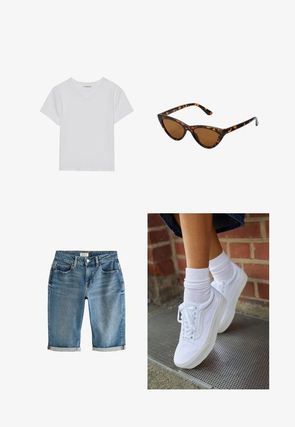 Hvid kortærmet V-hals t-shirt lavet af ribbet stof. Har et rent design med en lige kant og minimal detaljer.; Blå denim knæ-lange shorts med en opsmøgning, fem lommer og lukning med metalknap. Stof har et let falmet udseende.; Hvide lærreds sneakers med gummisåler, der har seks snørehuller, rund tå og let sømdetaljer, krydret med hvide ankelstrømper.; Kat-ejede solbriller med en sort og orange skildpaddemønstret stel, brune linser og slanke, spidse ender. Har et minimalistisk logo på skabelsen.