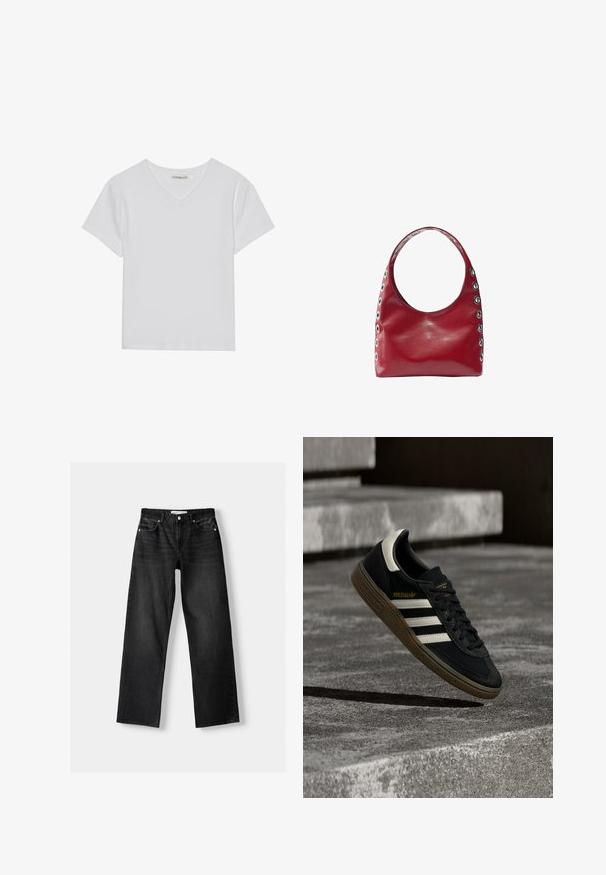 Witte T-shirt met korte mouwen en V-hals, gemaakt van ribbelstof. Heeft een strakke ontwerp met een rechte zoom en minimale details.; Bershka Straight leg jeans - mottled dark grey; Zwarte Adidas sneaker met witte strepen en gumzool die boven grijze betonnen trappen zweeft in natuurlijk licht.; Rode leren schoudertas met brede riem en zilverkleurige metalen oogschoenen langs de zijkanten en riem.