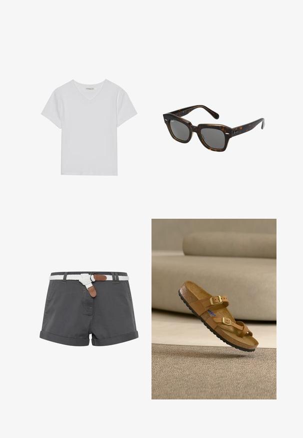 Witte T-shirt met korte mouwen en V-hals, gemaakt van ribbelstof. Heeft een strakke ontwerp met een rechte zoom en minimale details.; Grijze katoenen shorts met opgerolde omslagen, voorzien van een witte gevlochten riem en bruine leren accenten. Stikdetails zijn zichtbaar op de stof.; Bruine sandaal met twee verstelbare bandjes en gouden gespen, kurken voetbed en zwarte rubberen zool, geplaatst bovenop een gestructureerd tapijt.; Rechthoekige zonnebril met een schildpad-print kunststof montuur, donkere lenzen en zilveren accenten aan de zijkanten. gemaakt in Italië.