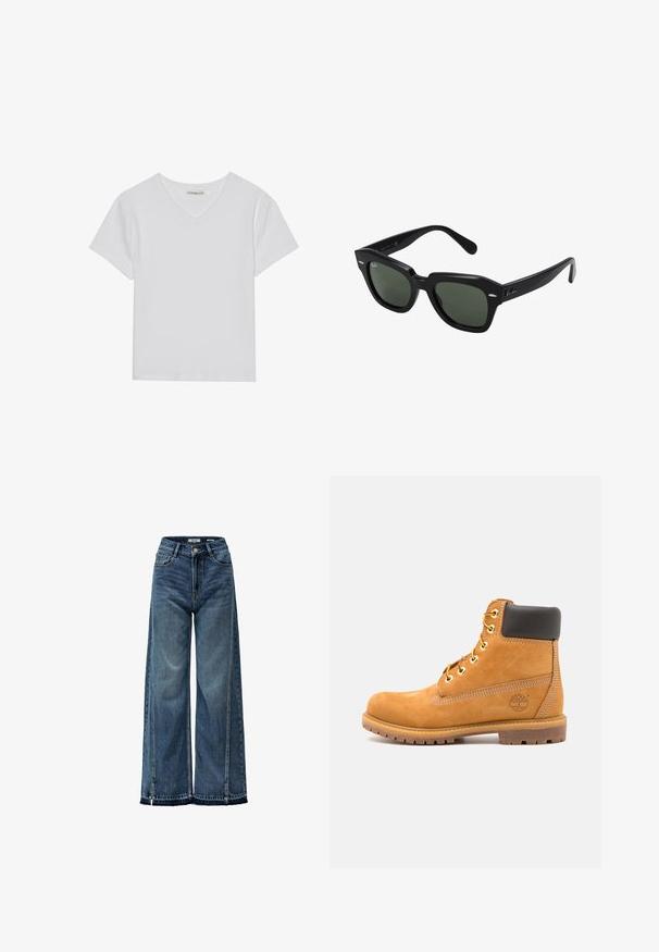 Witte T-shirt met korte mouwen en V-hals, gemaakt van ribbelstof. Heeft een strakke ontwerp met een rechte zoom en minimale details.; Brede blauwe denim jeans met een hoge taille, voorzien van subtiele wassing, contrasterende stiksel en een onafgebroken rand bij de enkel.; Bruine leren enkelboot met zwarte voering, gouden oogjes en een gestructureerde zool. Kenmerkt zich door een cirkelvormig logo aan de zijkant en stikselaccenten.; Zwarte vierkante zonnebril met donker groene lenzen, uitgerust met gedurfde monturen en zilveren accenten aan de zijkanten. Gemaakt in Italië.