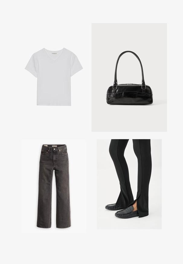Hvid kortærmet V-hals t-shirt lavet af ribbet stof. Har et rent design med en lige kant og minimal detaljer.; Højtaljede, vide jeans i mørkegrå denim, med forlommer, kontrastfarvede kobbernitter og en ren finish uden pynt.; Ben iført sorte flagrende bukser med sideslids, kombineret med sorte lædermoccasins på en hvid baggrund.; Sort læderhåndtaske med rektangulær form, der har et enkelt struktureret håndtag, sølvhardware og lynlås-lukning. Glat tekstur.