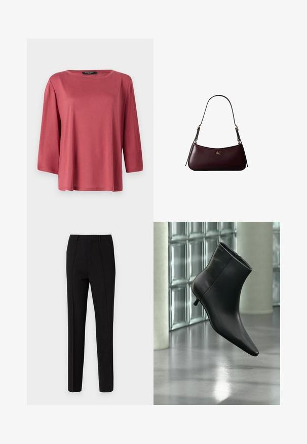 Losse, ronde hals top in een uniforme koraalkleur. Heeft driekwart mouwen en is gemaakt van een gladde, lichte stof.; Zwarte slim-fit broek met een knoopsluiting, twee zijzakken en een zachte stofstructuur. Er zijn streepjesdetails zichtbaar.; Zwarte leren enkellaars met spits toelopende neus en lage kittenhak, schuin weergegeven tegen een gepolijste vloer en een glazen blokken muur als achtergrond.; Donker bordeauxkleurige leren handtas met een smalle zwarte schouderband en klein gouden "cK" logo aan de voorkant in het midden.