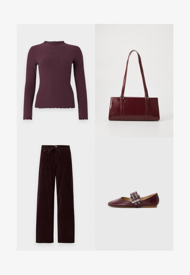 Top de punto acanalado de manga larga en ciruela oscuro con cuello redondo y bajo ligeramente fruncidos, silueta ajustada.; Pantalones de pana de color burdeos oscuro con un corte holgado, que cuentan con una cintura ajustable y bolsillos frontales. La textura es acanalada y la tela parece suave.; Bailarinas de cuero burdeos con punta afilada, tira ancha con hebilla plateada y múltiples agujeros, suela plana, textura suave.; Bolso burdeos hecho de material brillante, de forma rectangular, con dos asas para el hombro y sutiles acentos curvados en la parte frontal.