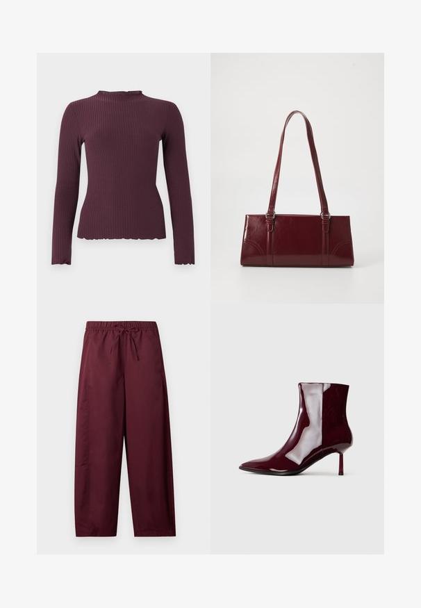 Haut à manches longues en maille côtelée prune foncée avec un col rond légèrement froncé et un ourlet, silhouette ajustée.; Pantalon ample couleur bordeaux avec taille élastique et cordon de serrage, jambes droites, sans poches visibles ni motifs.; Bottine brillante rouge foncé à bout pointu et talon fin mi-haut sur un fond clair.; Sac à main bordeaux en matériau brillant, de forme rectangulaire, avec deux anses et des accents légèrement courbés à l'avant.