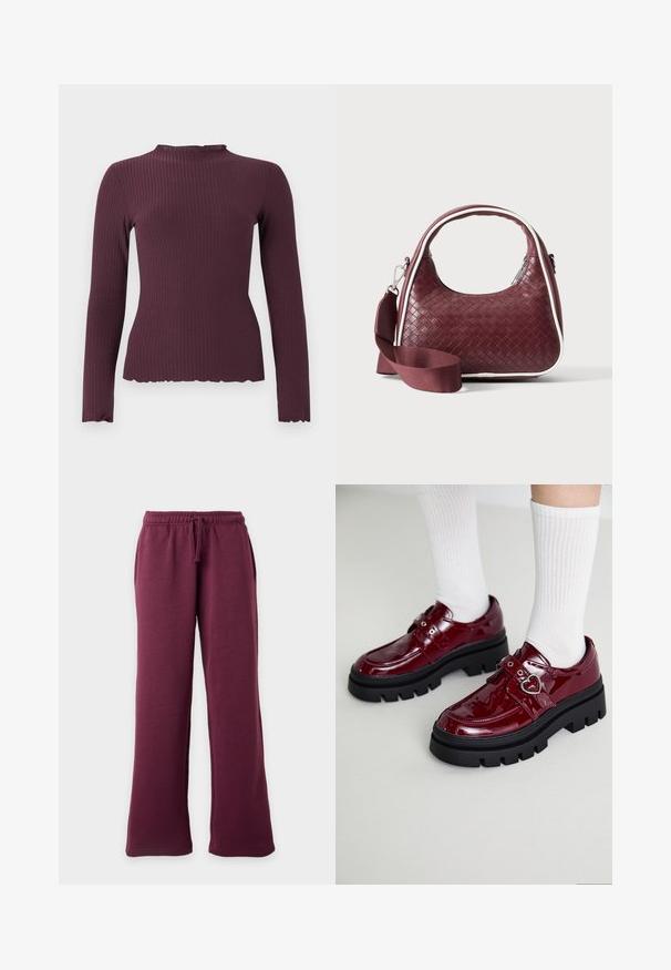Top met lange mouwen van geribbelde stof in donker pruimkleur met een licht geplooide ronde halslijn en zoom, aangesloten silhouet.; Bordeauxrode wijde sweatpants met elastische tailleband en trekskoord, voorzakken, weergegeven tegen een effen lichte achtergrond.; Bordeaux patent leren schoenen met een dikke zwarte zool, dubbele band met hartdetail en geribbelde witte sokken. Retro ontwerp met dikke grip.; Donkerrode geweven leren handtas met gebogen handvat, witte bies, zilveren rits en afneembare brede stoffen schouderriem tegen een effen achtergrond.