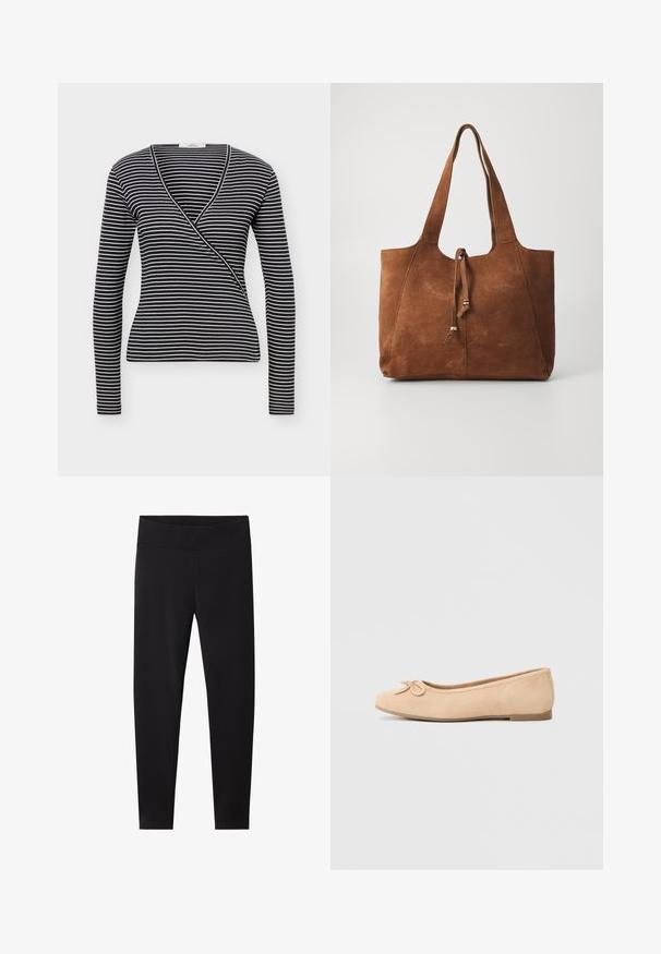 Zwart-wit horizontaal gestreepte top met lange mouwen, overslagstijl, V-hals en een aangesloten silhouet tegen een effen achtergrond.; Zwarte legging met een brede, elastische tailleband. Gemaakt van een gladde, rekbare stof, ontworpen voor een aansluitende pasvorm en zonder zichtbare patronen.; Beige suède ballerina met een ronde teen, een klein strikdetail aan de voorkant en een lage, vlakke zool. Gladde textuur met minimale accenten.; Bruine suede tote bag met twee lange handvatten, trekkoordsluiting en een gladde textuur. Kenmerkt zich door een eenvoudig ontwerp en minimale accenten.