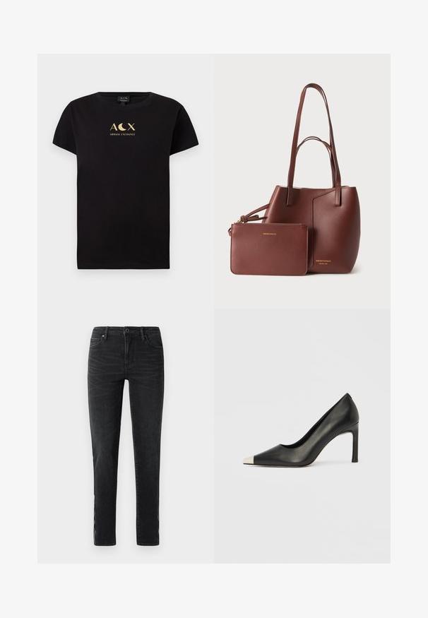 Čierne bavlnené tričko s krátkymi rukávmi s vyhotovením zlatého loga, ktoré obsahuje text "ACX" a "ARMANI EXCHANGE".; Čierne slim-fit džínsy s predným gombíkom, pútkami na opasok a jemným efektom vyblednutia pozdĺž strán a vpredu na stehnách.; Čierna kožená lodička s vysokým opätkom, špičkou a kovovou striebornou špičkou. Má hladký povrch a štíhly 10 cm opätok.; Hnedá kožená taška typu tote s dvoma ramennými popruhmi a zodpovedajúcou taštičkou so zipsom, obe s vyrazeným zlatým logom Emporio Armani.