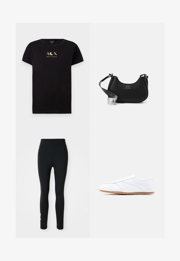 Mustmust särk lühikeste varrukatega, millel on kuldne logo kujundus, mis sisaldab tekste "ACX" ja "ARMANI EXCHANGE".; Mustavad legginsid, mis on valmistatud venivast kangast, kõrge vöökoht ja ühe jalaga on väike trükitud logo. Sile tekstuur, keha tagav vorm.; Valge madala säärega tennari paelaga disainiga, sileda nahast pealse, peente õmmeldud paneelidega ja helepruuni kummist tallaga.; Mustast nahast käekott, millel on kumer kuju, esiküljel on logo reljeefne ja eemaldatav rihm gradatsioonimustriga.
