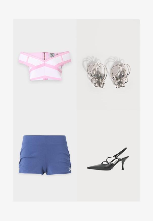 Haut court à rayures blanches et roses décolleté épaule avec une fermeture éclair avant et une étiquette visible Herve Leger sur un fond uni.; Short de sport bleu pour femme avec une large ceinture et un froncé latéral subtil sur un fond uni.; Chaussure à talon haut en cuir noir avec bride arrière, bout pointu, fines lanières et petite boucle argentée sur fond blanc uni.; Paire de boucles d'oreilles en métal argenté avec un design en cage à fil ouvert et des formes ovales centrales lisses projetant des ombres courbes sur un fond blanc.