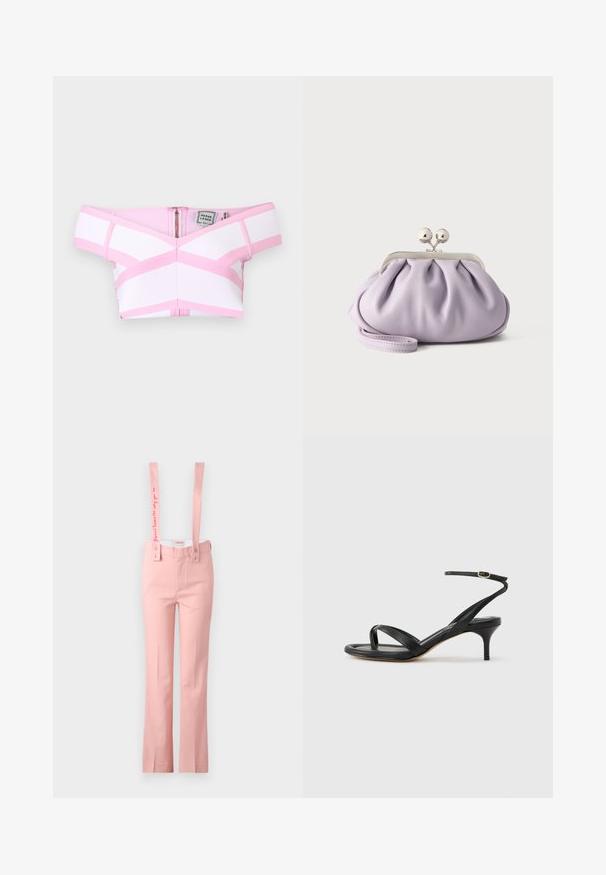 Top corto a rayas blancas y rosas con hombros descubiertos, cremallera frontal y etiqueta visible de Herve Leger sobre un fondo liso.; Pantalones rosas de pierna ancha con tirantes ajustables; las correas de los tirantes cuentan con texto bordado; fabricados con tela suave.; Sandalia negra de cuero para mujer con tiras finas, un lazo para el dedo del pie, hebilla en el tobillo y tacón de aguja de altura media sobre un fondo neutro.; Bolso de mano suave de lavanda con tela recogida, cierre de beso plateado y correa de muñeca a juego sobre un fondo liso y claro.