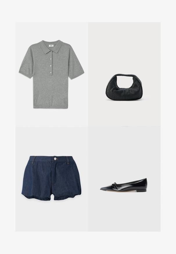 Polo gris en tissu doux et texturé, avec un col, des manches courtes et une patte de boutonnage à quatre boutons.; Short en jean bleu foncé avec fermeture à bouton et zip, passants pour ceinture et léger détail froncé aux ourlets des jambes sur fond uni.; Chaussure plate en cuir verni noir avec un bout pointu, une petite lanière décorative et un petit talon carré. Texture lisse et design épuré.; Sac hobo tissé noir avec une structure souple et une poignée intégrée, présenté sur un fond clair uni.