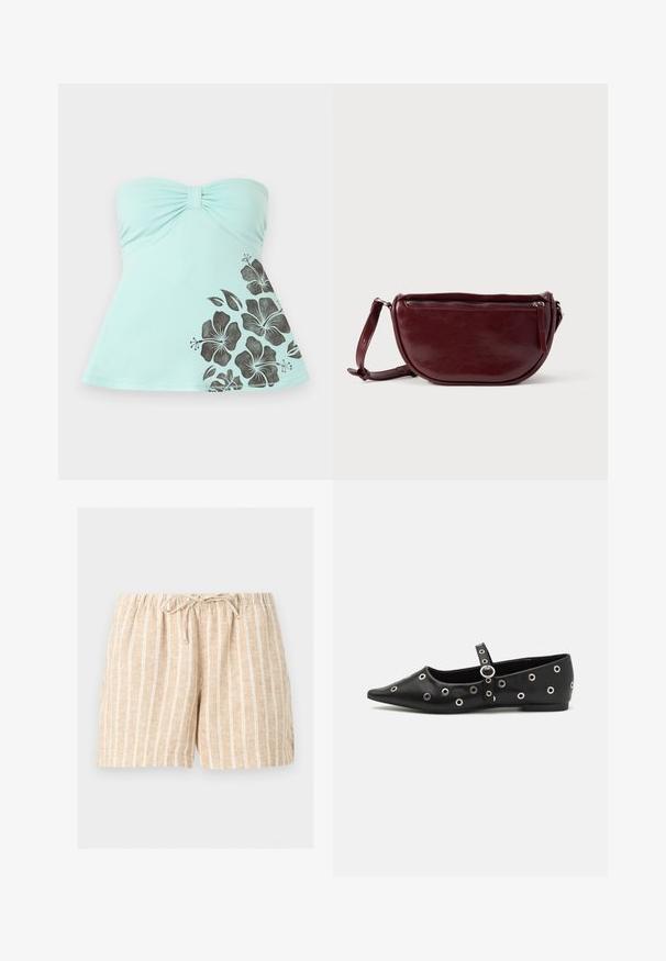 Lyseblå stropløs top med rynket center og sort hibiscusblomstprint nederst til højre, udvidet kant.; Beige linnedshorts med hvide lodrette striber, elastisk taljebånd og snøre foran på en ensartet lys baggrund.; Sort læder fladsko med spids tå, prydet med dekorative sølv øjer og et justerbart bånd over anklen.; Vinrød læderhåndtaske med halvmåneform, lynlås og aftagelig rem. Glat tekstur med en subtil glans.
