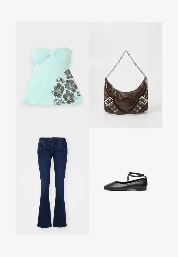Haut bleu clair sans bretelles avec centre froncé et imprimé fleur d'hibiscus noir sur le bas à droite, ourlet évasé.; Jean flare bleu foncé en denim. Comprend cinq poches, une fermeture éclair à l'avant et des détails de couture le long des coutures.; Ballerines noires en cuir avec un bout pointu, un talon plat et un détail de lacet autour de la cheville. Texture lisse, design minimaliste.; Sac à main en cuir verni marron foncé avec une bandoulière en chaîne argentée, des ceintures décoratives à double boucle et une fermeture éclair.