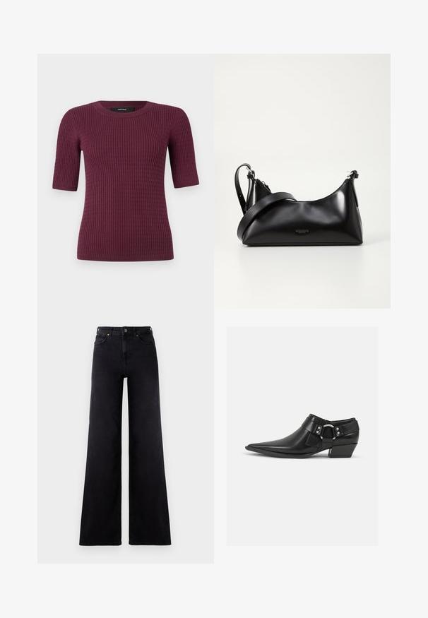 Korte mouwen top in diep bordeaux, met een geribbelde textuur en ronde halslijn. Gemaakt van zachte stof, ontworpen voor comfort en pasvorm.; Hoge taille zwarte wijde jeans met voorkruiszakken, riemlussen en een knoopsluiting.; Zwarte leren enkellaarzen met een spitse neus, voorzien van een leren band aan de voorkant en een zilveren gesp detail, en een lage, blokhak.; Zwarte leren handtas met een gladde textuur. Beschikt over een verstelbare schouderband en een strak, minimalistisch ontwerp met een ritssluiting.