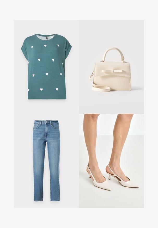Chemise bleu sarcelle à manches courtes avec revers, petits motifs de cœurs blancs éparpillés, et un col rond.; Jean bleu clair en denim, avec une coupe droite, cinq poches et une ceinture standard avec une fermeture avant par bouton et zip.; Escarpins à talon slingback en cuir verni beige avec un bout pointu et un talon de 5 cm, présentant des côtés découpés et une fine bride à la cheville.; Petit sac à main beige avec poignée supérieure, bandoulière amovible, rabat avant et nœud horizontal décoratif sur un fond uni.