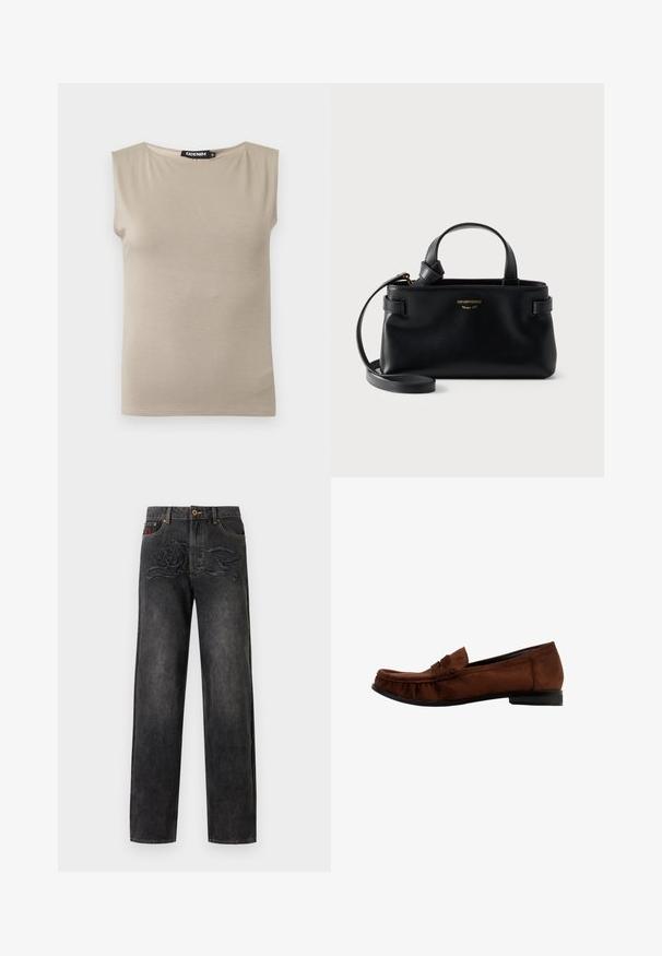 Haut beige en coton sans manches avec larges bretelles et col rond, taille moyenne, posé à plat sur fond blanc.; Jeans en denim noir avec un motif de lapin cousu sur le devant et un détail brodé rouge près de la poche supérieure gauche.; Mocassin penny en daim marron avec petit talon noir et détails de coutures le long de la pointe et des côtés, présenté de profil sur fond blanc.; Sac à main en cuir noir Emporio Armani avec deux anses, bandoulière amovible et logo doré sur le devant.