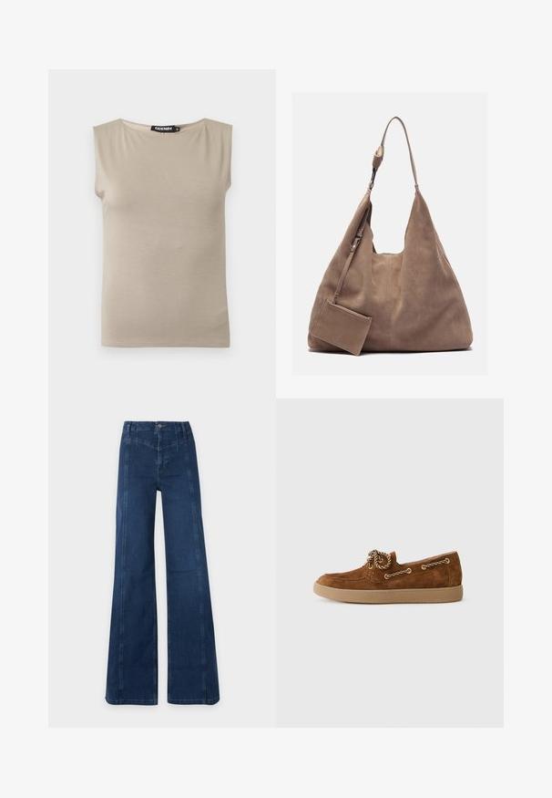 Beige mouwloze katoenen top met brede schouderbanden en ronde halslijn, maat medium, plat gelegd op een witte achtergrond.; Donkerblauwe high-waist wijde jeans met zichtbare stiksels en een knoopsluiting aan de voorkant op een effen lichte achtergrond.; Bruine suède loafer met een ronde neus, contrasterende tan rubberen zool en decoratieve goudkleurige touwveters aan de zijkant.; Zign LEATHER - Shopper - light brown