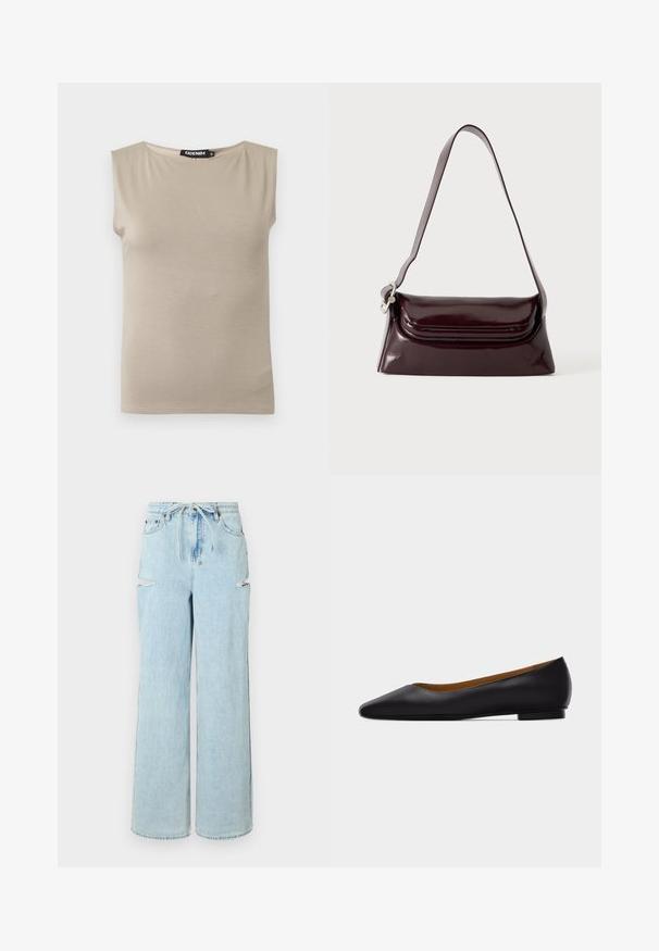 Haut beige en coton sans manches avec larges bretelles et col rond, taille moyenne, posé à plat sur fond blanc.; Jean large en denim bleu clair avec une taille à cordon, comportant deux déchirures aux genoux et un ourlet propre. Texture douce avec une coupe décontractée.; Chaussure plate en cuir noir à bout pointu avec talon bas et finition lisse, vue de côté sur un fond gris clair.; Sac à bandoulière en cuir bordeaux foncé avec fermeture à rabat et une fine sangle réglable, présenté sur un fond clair uni.